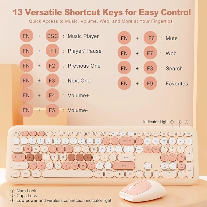 Wireless Keyboard and Mouse Combo, Retro Typewriter Keyboard with Round Keycaps, Full-Size Ergonomic, Brown, Ideal for Windows PC, Home, Office, and College, Wireless Keyboard Mouse Combo