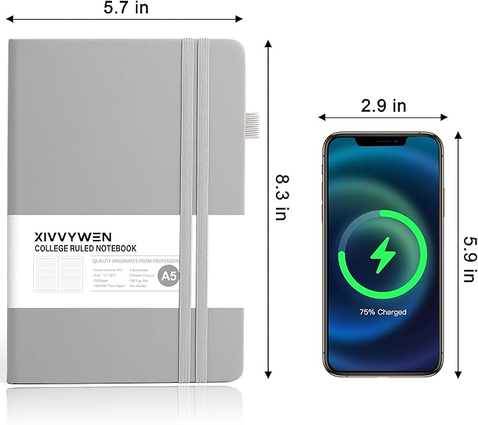 Lined Journal Notebook for Women Men, 352 Pages A5(5.7" x 8.3")College Ruled Hardcover Leather Journals for Writing, Daily Journal Notebooks for Work, Note Taking, Travel, School, Business (Gray)