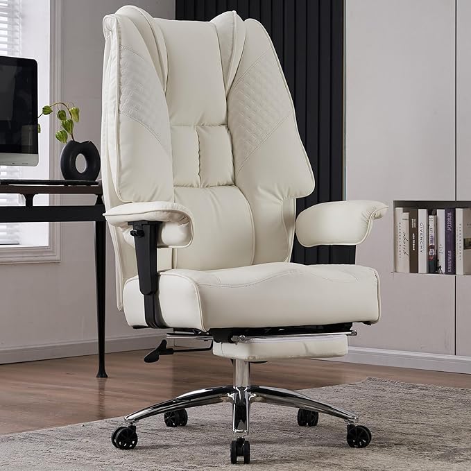 Big and Tall Office Chair 400lbs Wide Seat, Leather High Back Executive Office Chairs with Foot Rest, Ergonomic Lumbar Support for Lower Back Pain Relief (White)