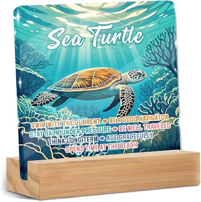 Sea Turtles Office Decor Sign, Inspirational Turtle Clear Acrylic Sign With Wooden Stand, Thank You Gifts for Home Office Desk Decorative Signs for Tabletop Cubicle Shelf Desk Accessories Decor