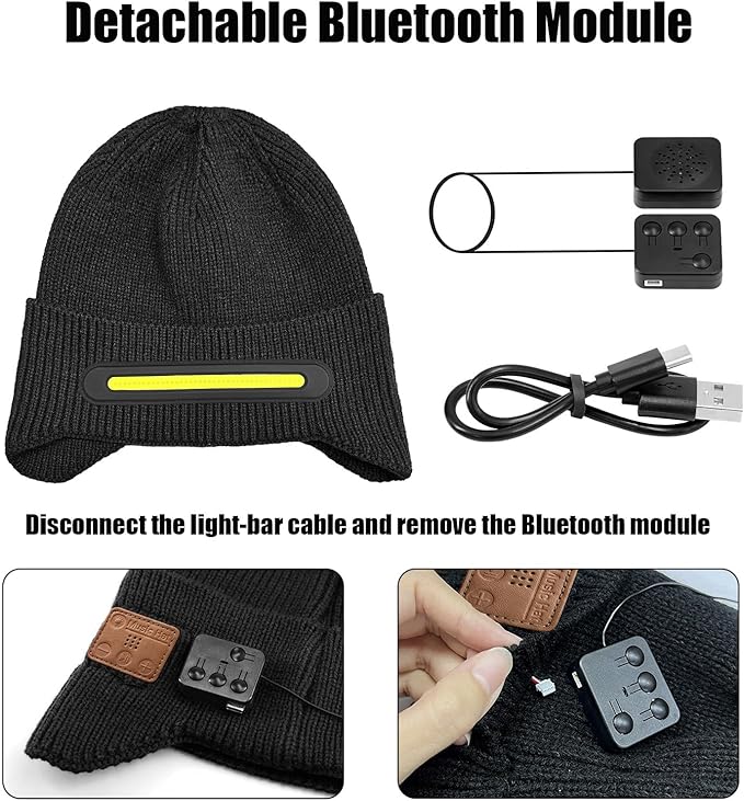 Bluetooth Beanie with Light, Headlamp Hat with Headphones and Built-in Speaker Mic, Unique Christmas Gifts for Men Husband