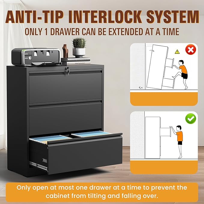 3-Drawer Lateral File Cabinet with Lock, Black Metal Filing Cabinet for Office or Home – Secure Storage for Letter/Legal/A4/F4 Documents, Easy to Assemble Locking File Organizer (Black, 3 Drawer-40"H)