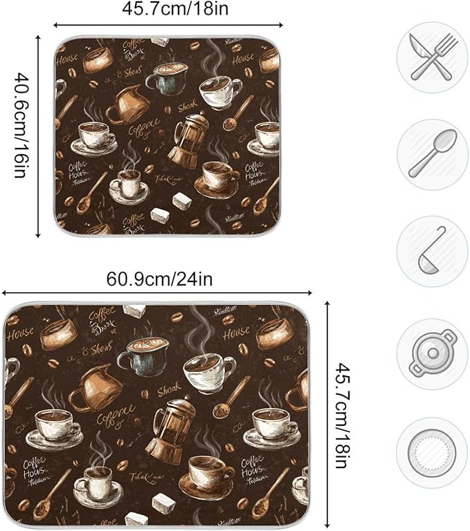 Coffee Beans Dish Drying Mat for Kitchen Counter 16 x 18 Inch Absorbent Microfiber Dry Dishes Mats Drainer Mat Dish Drying Pad for Countertops