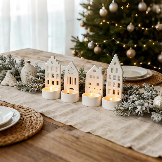 DN DECONATION House Tealight Candle Holders Set of 4 – Christmas Candle Holder Centerpieces for Tables, Modern Christmas Decorations Mantel Candlestick Holders Holiday Table Decor Ceramic