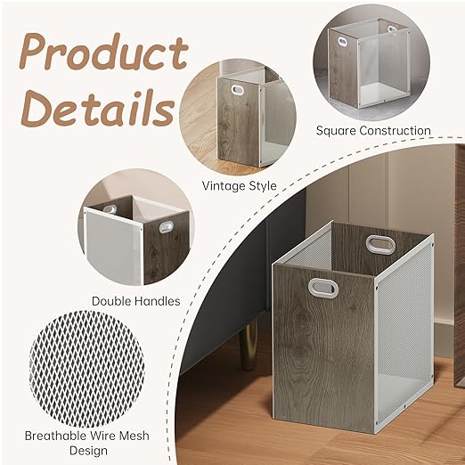 Office Trash Can, Rectangular Kitchen Garbage Can, Iron and Wood Combination Bathroom Trash Can, Modern Design Wastebasket Bin for Bathroom, Laundry Room, Kitchen, Kids' Room, Dorm(4.5 Gallon)