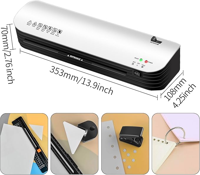 9 Inch Laminator Machine for Documents and Photos, 6 in1 A4 Thermal Laminator Machine with Never Jam Technology, 15 Laminating Sheets, Use for Home Office School
