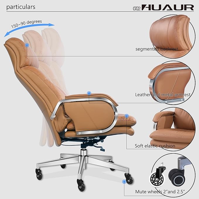 Genuine Leather Modern Executive Chair High-Back Support 90 to 150 Degrees Tilt and Upholstered Home Desk Chair with Base 400LB Capacity Swivel Computer Office Chair (Orange)