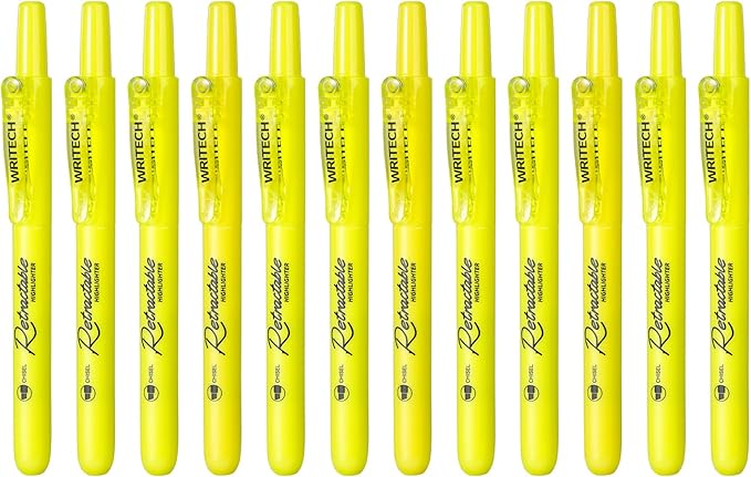 WRITECH Retractable Highlighters Chisel Tip: Fluorescent Yellow Ink Highlighter Marker Pens No Bleed & Smear Pack for Home School Office (12ct Yellow)