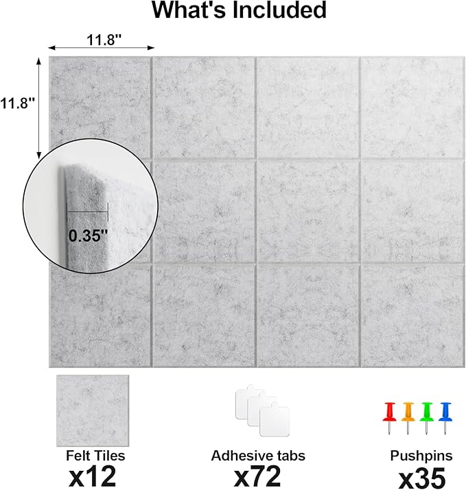 Large Cork Board for Walls 47" x 35" 12 Pack Black Bulletin Boards Felt Wall Tiles with Safe Removable Adhesive Corkboards for Office Home,Grey