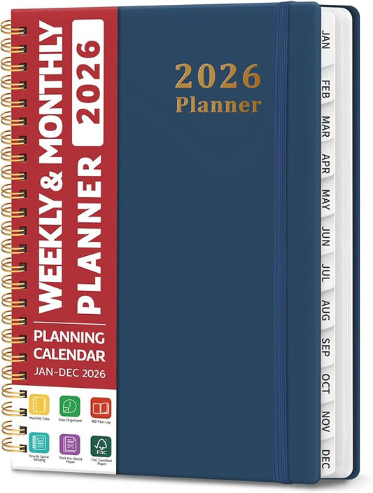 2026 Planner, Weekly and Monthly Calendar Planner, January 2026 - December 2026, Hardcover 2026 Calendar Planner Book with Tabs For Women & Men, Inner Pocket, Spiral Bound, Perfect for Office Home School Supplies - A5 (6.3" x 8.5"), Navy