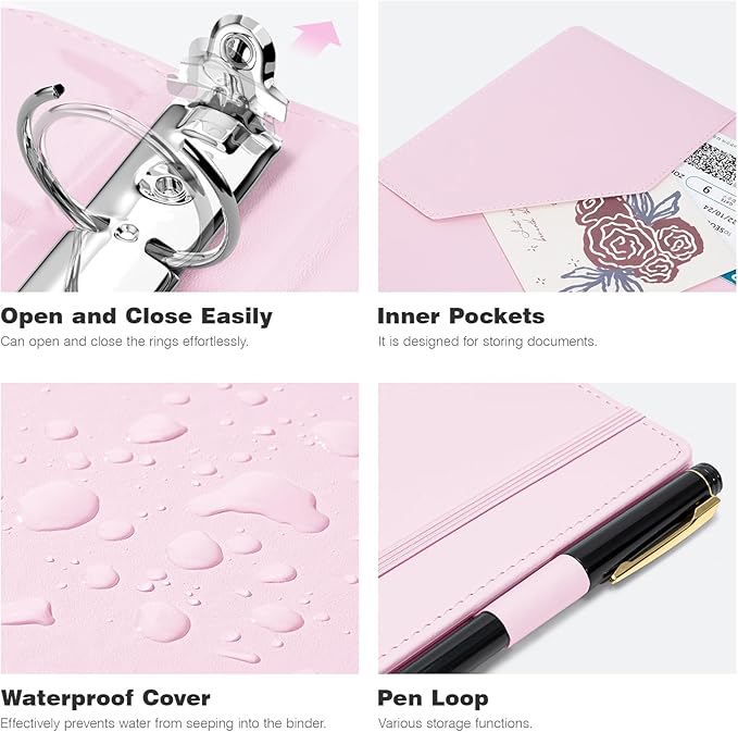 Ospelelf Mini 3 Ring Binder 5.5" x 8.5", 2 Inch Clipboard Binder with Dividers, Professional Leather Binders Organizer for Office, School, Pink