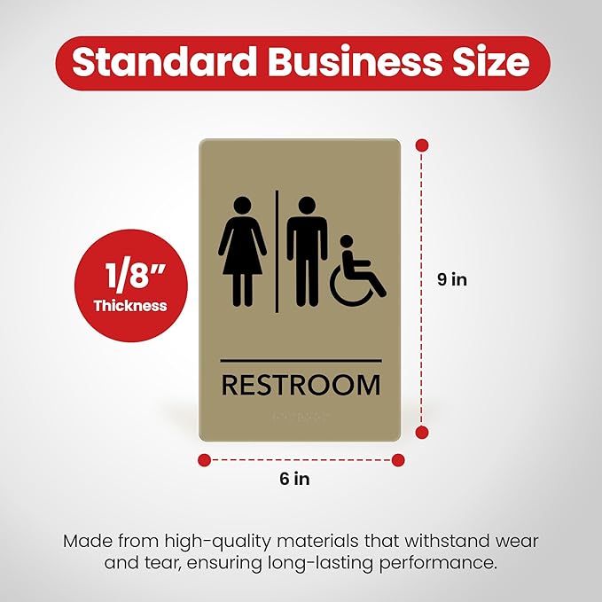 Promot Unisex Handicap Bathroom Sign – ADA Braille Restroom Sign for Business, Self-Adhesive, 9" x 6", Commercial Door Signage, Office Wall Decor - Taupe