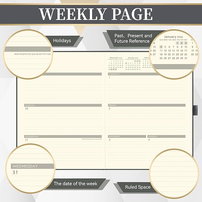 2026 Planner - Weekly and Monthly Planner 2026, 8.5"x11", Jan.2026 - Dec.2026, Leather Hardcover, 12 Monthly Tabs, Pen Loop, Elastic Closure, Pocket, Grey
