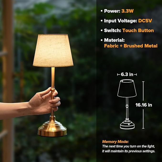 2 Pack Cordless Table Lamp, Rechargeable Desk Lamp with Fabric Shade, Battery Operated Lamp 3 Color Stepless Dimming, Small Touch Bedside Lamp Home Decor for Dining, Counter (Brushed Gold)
