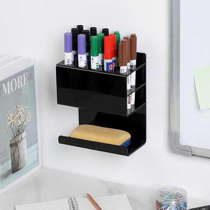 MyGift Wall Mounted Black Premium Acrylic Dry Erase Marker and Eraser Holder Rack with 15 Round Slots and Storage Ledge, Meeting Room Classroom Dorm Office or Home Whiteboard Accessory Rack