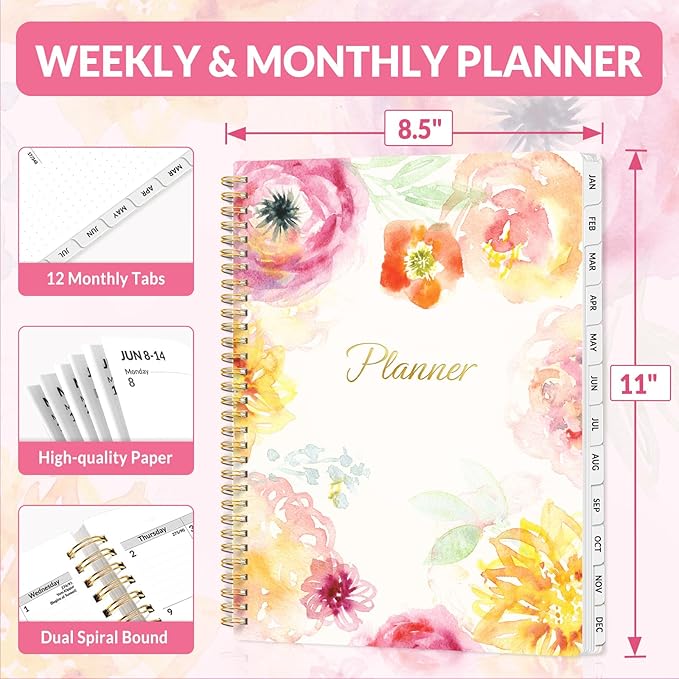 SUNEE Planner 2026 Weekly and Monthly, January 2026-December 2026, 8.5"x11", Tabs, Note Pages,Spiral Binding, Watercolor Flowers