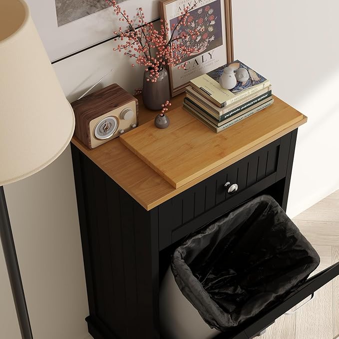 10 Gallon Tilt Out Trash Cabinet, Wooden Kitchen Trash Can Cabinet with Hideaway Drawer, Freestanding Laundry Hamper Garbage Recycling Cabinet on Wheels, Pet Proof, Single, Black