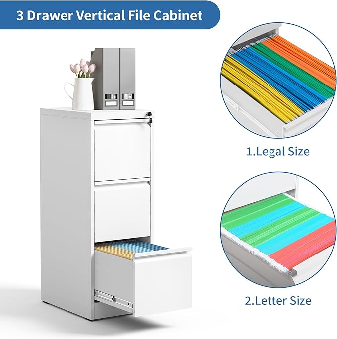 3 Drawer File Cabinet with Lock,Metal Vertical Filing Cabinets for Home Office,Heavy Duty File Storage Cabinet for Letter/Legal/A4/F4 Size File,Assembly Require (White, Vertical 3 Drawer)