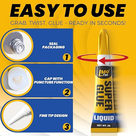 Super Glue 24x3g Liquid CA Glue, Clear Cyanoacrylate Adhesive Single Use for Shoe Sole Repair Ceramic Plastic Model Metal Wood Aquarium Leather Pottery Glass, Food Safe Strong and Instant Bonding