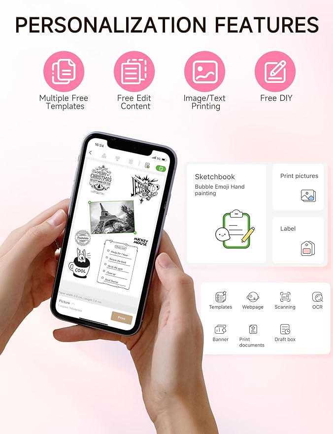 iDPRT Portable Sticker Maker Machine with 1 Roll Sticker Paper, Mini Printer Efficiently and Quickly, Thermal Printer for Study Notes, Pictures, DIY, Label, Free App with Multiple Templates, Pinkcolor