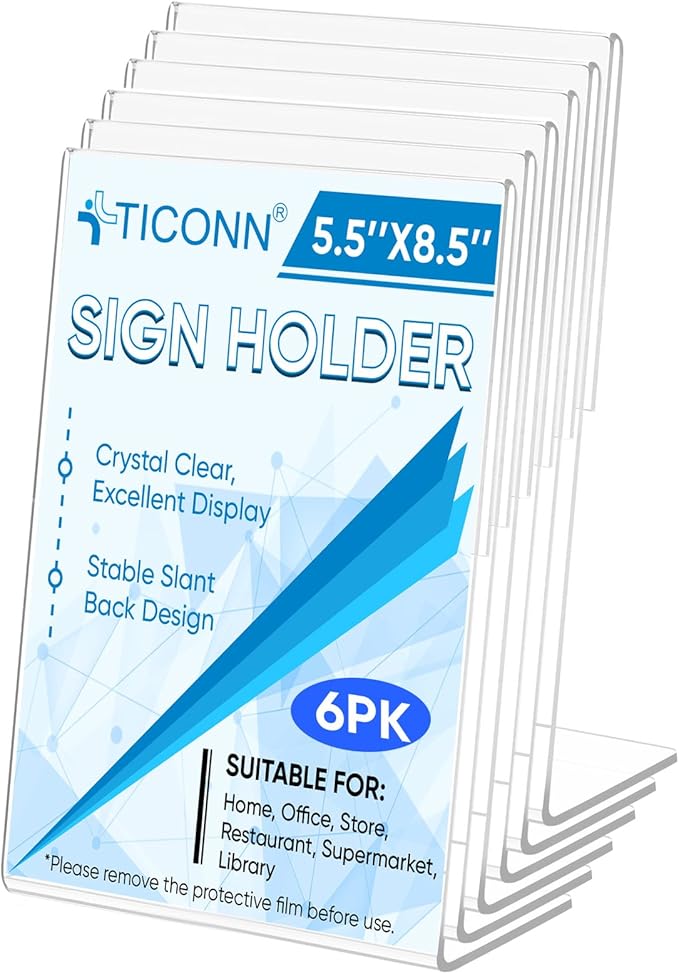 TICONN 5.5 x 8.5 Acrylic Sign Holder, L Shape Clear Sign Stand for Displaying, Plastic Paper Holder for Office, Store, Restaurant (Vertical 6 Pack)