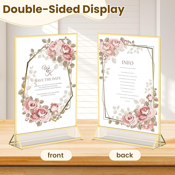 8X10 Acrylic Sign Holder Double-Sided Gold Picture Frames for Menu Holder Wedding Table Number Holder Christmas Photo Frames with Clear Sticky Dots -12 Pack
