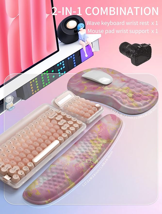 Hokafenle 2in1 Combination, Wave Keyboard Wrist Rest and Ergonomic Curvature Mouse Pad Wrist Support for Relieve Wrist Pain, Filled with Soft Cushion Memory Foam, Golden Pink Marble
