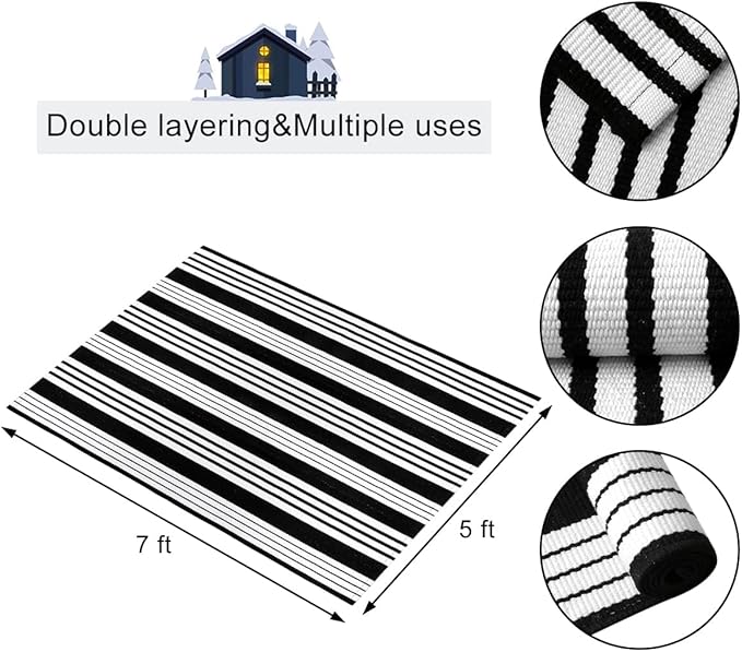 OJIA Outdoor Rug 5'x7' Patio Rug, Machine Washable Black and White Outdoor Rug Cotton Woven Area Rug Living Room Rug Farmhouse Indoor Carpet for Front Door/Porch/Deck/Backyard/Bedroom