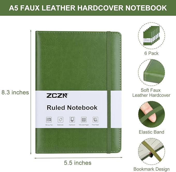 ZCZN 6 Pack Lined Journal Notebooks, 192 Pages A5 Hardcover Leather Journals for Work,Writing,School & Travel, College Ruled Journaling Notebooks for Notes Taking,Diary Notepad (Light Green*6)