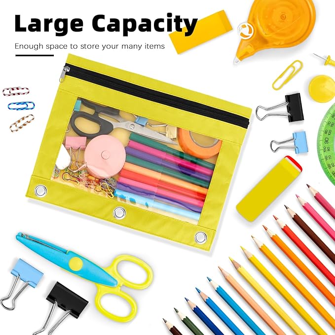 Pencil Pouch for 3 Ring Binder, 6 Pack Pencil Bags with Zipper, Large Capacity Pencil Case for Binder Assorted Color Pencil Case Pouch with Clear Window and Grommets Pencil Pocket for Office Supplies