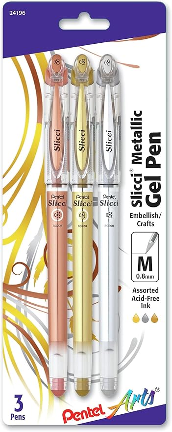 Pentel Arts Slicci Metallic 0.8 mm Needle Tip Gel Pen, Assorted Colors, 3 Pack (BG208BP3M)