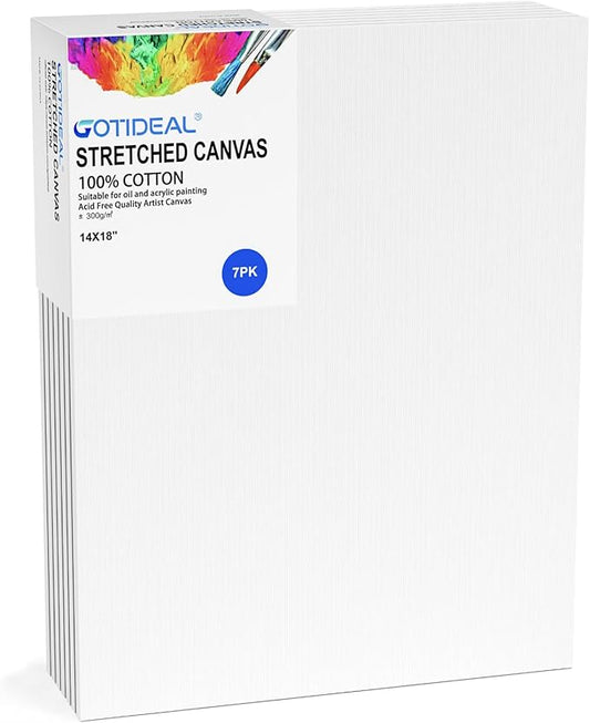 GOTIDEAL Stretched Canvases for Painting, 14x18 Inch Set of 7, Primed White - 100% Cotton Blank Art Canvas Boards for Painting for Acrylic Pouring, Oil Paint Dry & Wet Art Media