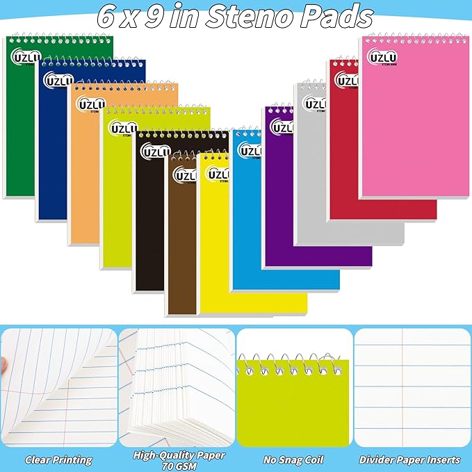 24 Pack Steno Pads 6 x 9 in Spiral Top Notebook Bulk 12 Assorted Color Note Pad 60 Sheets Gregg Rule Writing Paper Steno Notebooks for Students Teachers Men Women Professionals Office School Recording