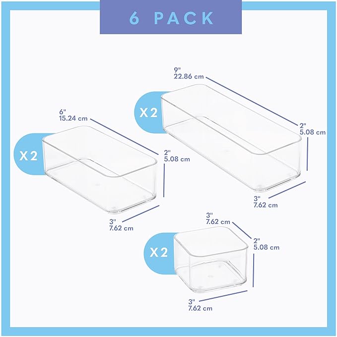 Six Pieces. Plastic Clear Drawer Organizers for Bathroom, Kitchen, Bedroom, Office. Organizer Bins, Storage Trays. Heavy Duty, Stackable, Non-Slip. 3 Sizes