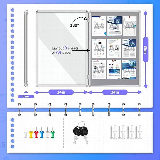 Magula 36"x24" Enclosed Bulletin Board Tamper-Proof Dispaly Case, Aluminium Frame, Shatter Resistant Lockable Bulletin Board, Lockable Noticeboard