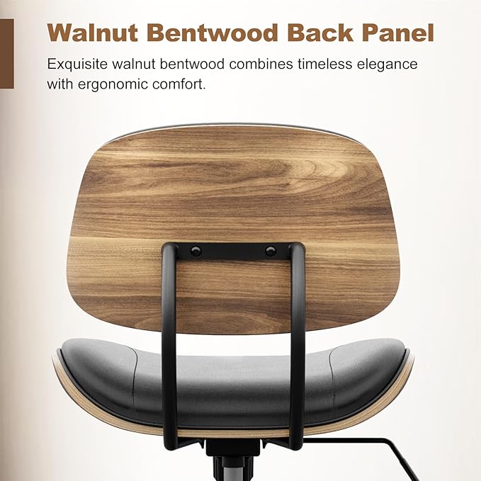 Armless Office Chair with Wheels, PU Leather Adjustable Height Desk Chair - 360° Swivel Ergonomic Computer Chair for Small Space, Modern Walnut Style, Home & Meeting Room, Black