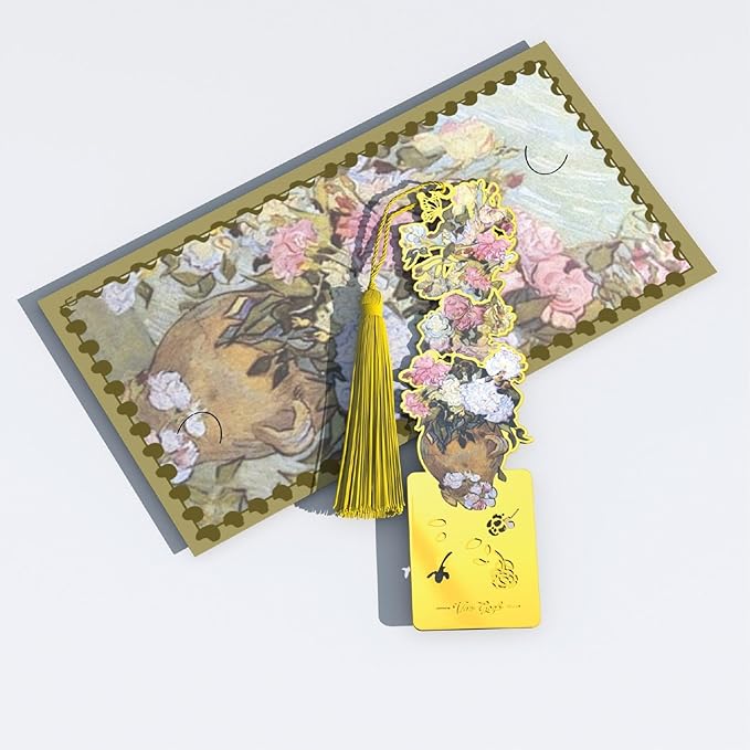 Metal Bookmarks, 4 Pack Floral Design with Tassels, 4.5 x 1.1 inches, Yellow Vintage Art Book Accessories Bookmark for Readers