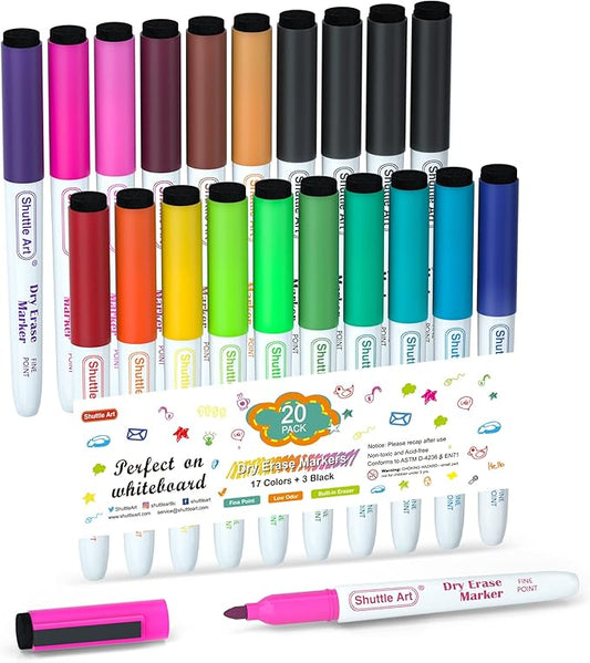 Shuttle Art Dry Erase Markers, 20 Pack 17 Colors Whiteboard Markers,Bundled with 3 Extra Black,Fine Tip Dry Erase Markers for Kids,Perfect for Writing on Dry-Erase Surfaces,School Office Supplies
