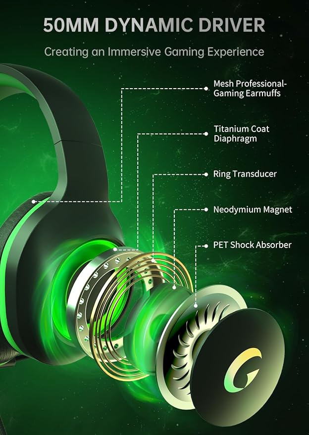 CM7002 Gaming Headset for PS5, PS4, PC, Mac, Switch, Xbox Series, Surround Sound RGB Gaming Headphones with Noise Canceling Microphone, 50MM Dynamic Drivers, 3.5MM Audio Jack, Black Green