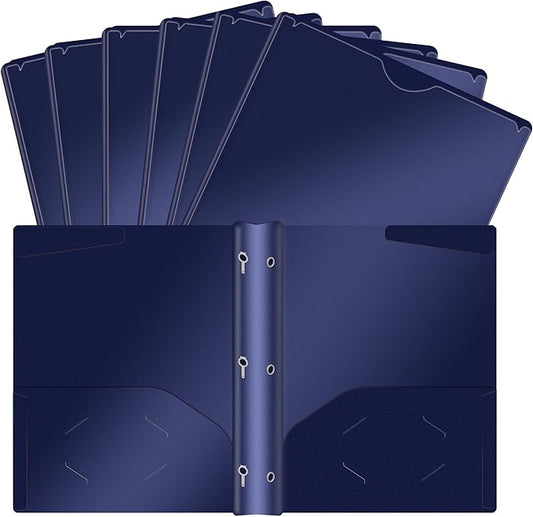 Pastel Plastic File Folders with Pockets and Prongs, 7 Pack, A4 Letter Size, Heavy Duty Waterproof Office Folders with Clear Front Cover for School, Home, and Office (Blue)