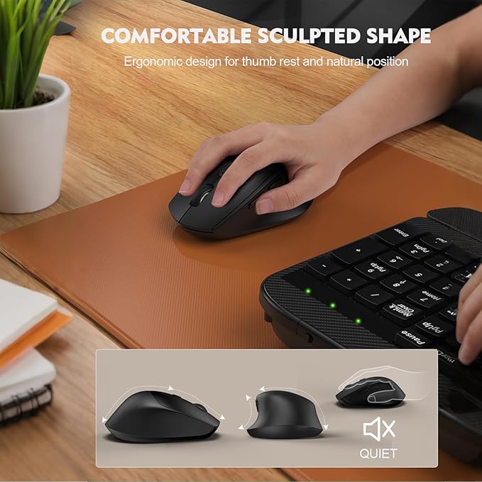 Wireless Keyboard and Mouse Combo, Wave Keys Full-Sized Ergonomic Keyboard with Cushioned Plam Rest, Phone Holder, Comfortable Natural Typing, 2.4G Cordless Set for Computer, Laptop, PC, Mac, Windows