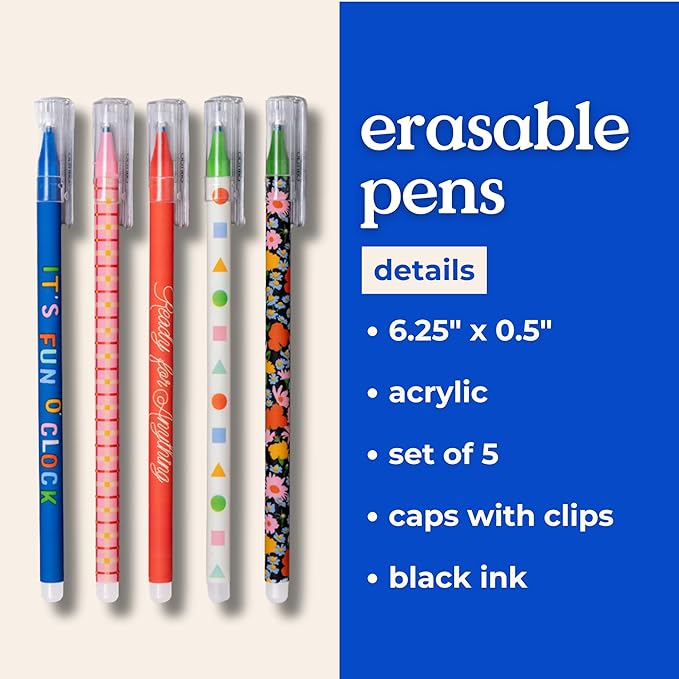 ban.do Erasable Pens with Caps and Clips, Cute Black Ink Pen with Eraser for Journaling/Work, Set of 5 Eraser Pens, Assorted