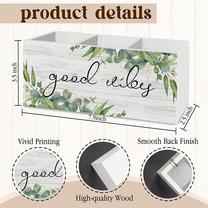 Inspirational Sage Green Eucalyptus Pen Pencil Holder Organizer for Desk Accessories, Good Vibes Positive Wooden Box Sign Desk Decor for Home Office Decoration, Motivational Gifts for Women