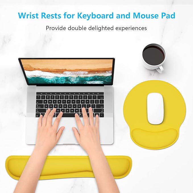 Dapesuom Keyboard Wrist Rest and Mouse Pad with Wrist Support, Cute Memory Foam Cushion for Keyboard and Mouse Set, Desktop Pad Rests with Non Slip Base for Easy Typing & Pain Relief, Apricot Yellow