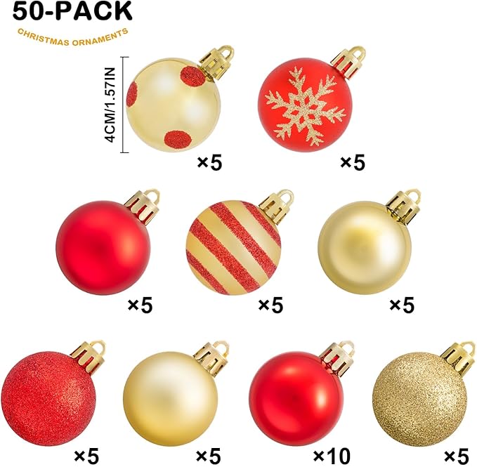 XmasExp 50ct Mini Vintage Christmas Ornaments Set Red and Gold Classic Retro Shatterproof Balls 1.57 Inch Christmas Decorations
