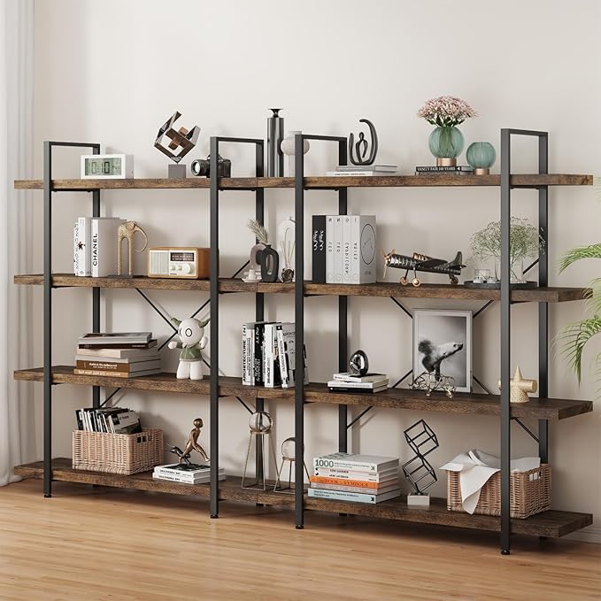 4 Tier Bookcase, 47 Inch Wide Wood Bookshelf, 120lbs Shelf Capacity, Rustic Open Shelving Industrial Display with Reinforced Horizontal Brown Shelves for Living Room Bedroom Office