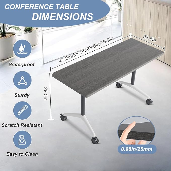 Folding Conference Table, Mobile Training Table for Office Conference, Modern Modular Rectangular Work Desk Meeting Seminar Work Tables with Caster Wheels, Large Breakroom Tables (8Pack L47.2in)
