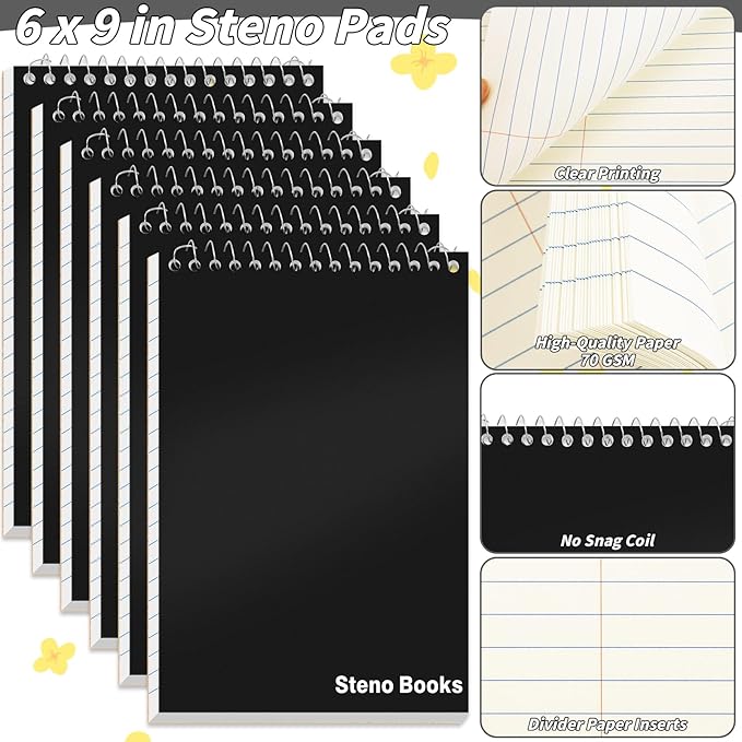 24 Pack Steno Pads 6 x 9 in Spiral Top Notebooks Bulk Note Pads 60 Sheets Gregg Rule Writing Paper Steno Notebooks for Students Teachers Men Women Professionals Office School Recording work(Black)