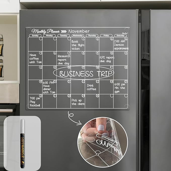 Clear Non-Magnetic Monthly Calendar for Fridge - Dry Erase Transparent Monthly Calendar - Sticks to Wall, Glass, Door, Any Smooth Surfaces