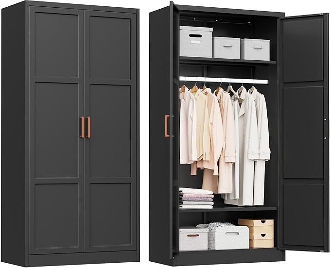INTERGREAT Metal Storage Cabinet with Hanging Rail, Black Armoire Wardrobe Closet with 2 Doors,72" H Storage Closet Cabinets with Adjustable Shelves and Removable Hanging Rods